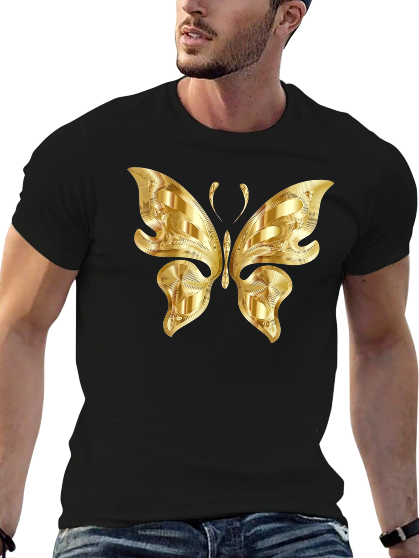 Golden Butterfly Graphic Black T-Shirt