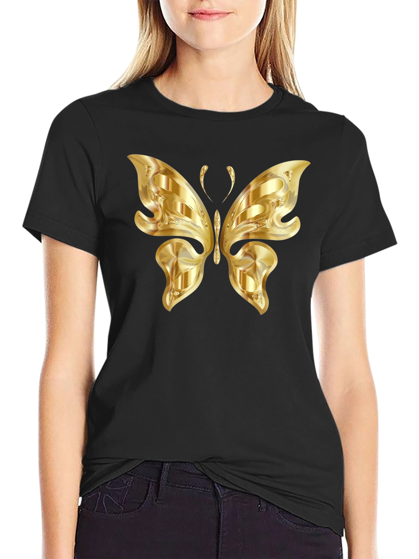 Golden Butterfly Graphic Black T-Shirt