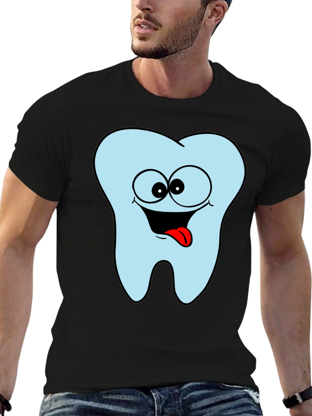 Funny Tooth Cartoon Graphic Black Tee