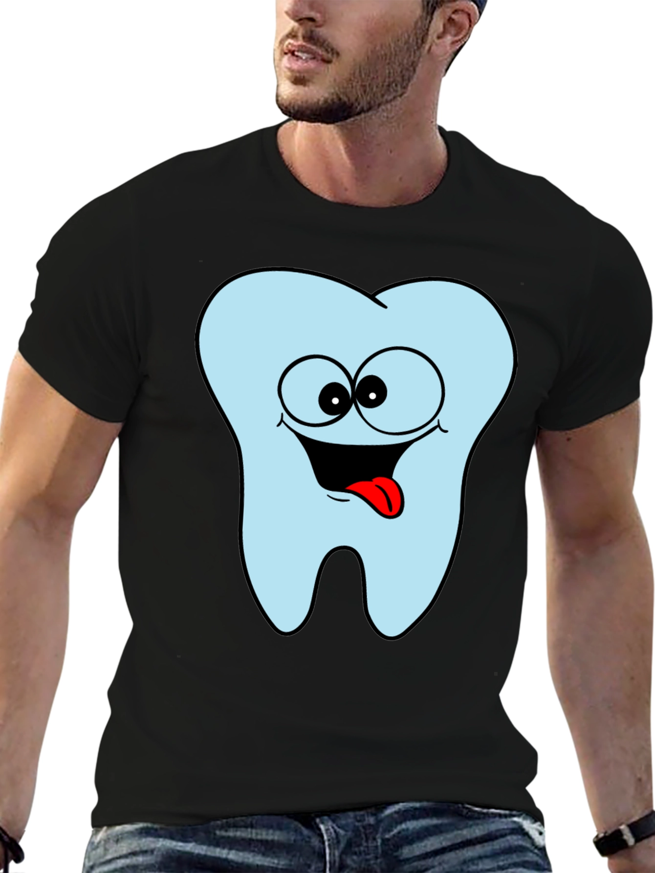 Funny Tooth Cartoon Graphic Black Tee