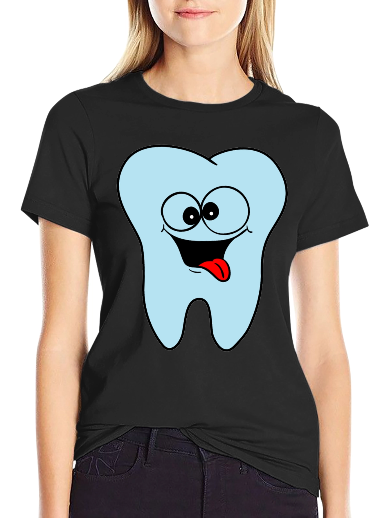 Funny Tooth Cartoon Graphic Black Tee