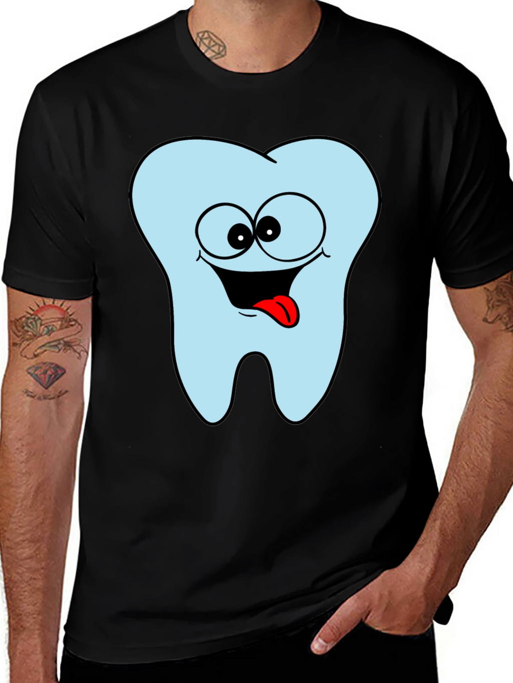 Funny Tooth Cartoon Graphic Black Tee